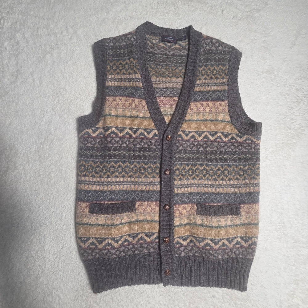 Carl Michaels Sweater Vest Mens M Grey Wool Fair Isle Cardigan Vintage V-Neck‎